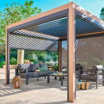 Pergola bioclimatique manuelle evora effet bois honey 4 x 3 m - structure et lames doubles en aluminium ...
