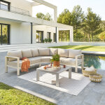 Salon d'angle de jardin �vasion argile lin 5 places - aluminium trait� �poxy, ol�fine hesp�ride