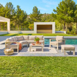 Salon d'angle de jardin �vasion argile lin 7 places - aluminium trait� �poxy, ol�fine hesp�ride