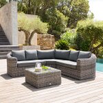 Salon d'angle de jardin moor�a terre d'ombre 5 places - aluminium trait� �poxy, r�sine tress�e synth�tique, ...