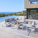 Salon d'angle de jardin paradize beige blanc 6 places - aluminium trait� �poxy, acacia certifi� fsc� ...