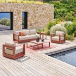 Salon de jardin allure beige / marron acajou 5 places - aluminium trait� �poxy, polyester hesp�ride