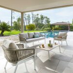 Salon de jardin oriengo taupe blanc 5 places - aluminium trait� �poxy, acacia certifi� fsc�, polyester ...