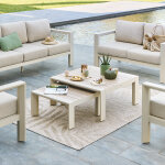 Table basse de jardin carr�e �vasion argile lin 67 x 31 cm - aluminium trait� �poxy hesp�ride