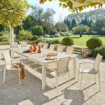 Table de jardin extensible �vasion effet bois lin argile 14 places - aluminium trait� �poxy, lattes hesp�ride ...