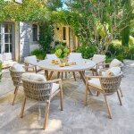 Table de jardin rond nelora beige ficelle / honey 8 places - aluminium trait� �poxy, quartz hesp�ride ...