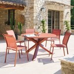 Table de jardin rond oryon marron acajou 6 places - aluminium trait� �poxy, verre hesp�ride