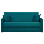 Miliboo canap convertible 3 places en tissu bleu canard et bois clair avec matelas 18 cm skandy
