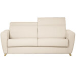 Miliboo canapé convertible avec têtières ajustables 3 places en tissu beige et bois clair avec matelas ... Miliboo canapé convertible avec têtières ajustables 3 places en tissu beige et bois clair avec matelas ...