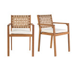 Miliboo fauteuils de jardin empilables en bois massif avec coussin blanc et sangles beiges (lot de 2) ...
