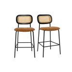 Miliboo tabourets design en tissu effet velours textur� terre brul�e, m�tal noir et cannage rotin (lot ...