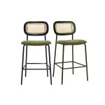 Miliboo tabourets design en tissu effet velours textur� vert kaki, m�tal noir et cannage rotin (lot de ...