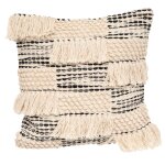 Coussin  motifs relief et franges noir et blanc 45x45cm