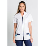 Dyneke tunique m�dicale manches courtes col mao fermeture �clair blanc et bleu