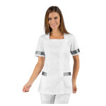 Tunique d'esth�ticienne blanc et argent� manches courtes isacco