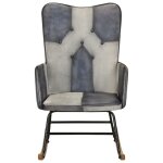 Vidaxl chaise à bascule gris cuir véritable et toile Vidaxl chaise à bascule gris cuir véritable et toile