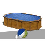 Kit piscine acier aspect bois gr amazonia ovale 6, 34 x 3, 99 x 1, 32 m + bche  bulles