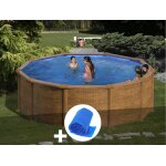 Kit piscine acier aspect bois gr� mauritius ronde 3, 70 x 1, 32 m + b�che � bulles