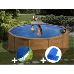 Kit piscine acier aspect bois gr� mauritius ronde 3, 70 x 1, 32 m + b�che hiver + b�che � bulles
