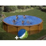 Kit piscine acier aspect bois gr� mauritius ronde 5, 70 x 1, 32 m + b�che hiver
