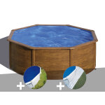 Kit piscine acier aspect bois gré pacific ronde 3, 70 x 1, 22 m + bâche à bulles + tapis de sol Kit piscine acier aspect bois gré pacific ronde 3, 70 x 1, 22 m + bâche à bulles + tapis de sol