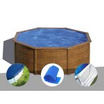 Kit piscine acier aspect bois gr sicilia ronde 3, 70 x 1, 22 m + bche hiver + bche  bulles + tapis ...