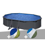 Kit piscine acier gris anthracite gr louko ovale 6, 34 x 3, 99 x 1, 22 m + bche  bulles + tapis de ...