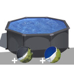 Kit piscine acier gris anthracite gr� louko ronde 3, 20 x 1, 22 m + b�che d'hivernage + b�che � bulles ...