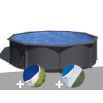 Kit piscine acier gris anthracite gr louko ronde 3, 70 x 1, 22 m + bche  bulles + tapis de sol
