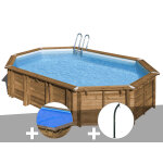 Kit piscine bois gr avocado 6, 56 x 4, 56 x 1, 31 m + bche  bulles + douche