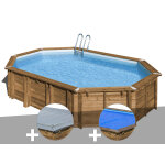Kit piscine bois gr avocado 6, 56 x 4, 56 x 1, 31 m + bche hiver + bche  bulles