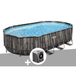Kit piscine tubulaire ovale bestway power steel dcor bois 6, 10 x 3, 66 x 1, 22 m + pompe  chaleur