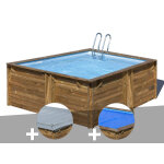Kit piscine bois gr� carra 3, 05 x 3, 05 x 1, 19 m + b�che hiver + b�che � bulles