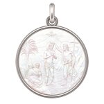 Manufacture mayaud m�daille le bapt�me du christ (argent & nacre)