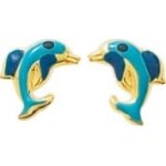 Orf�va boucles d'oreilles dauphin laqu� turquoise en or jaune 9k