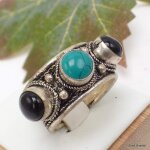 Bague tibétaine 3 pierres turquoise onyx t 56 à 60 Bague tibétaine 3 pierres turquoise onyx t 56 à 60