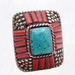 Grosse bague tibétaine traditionnelle turquoise corail t 58 et 59 58 Grosse bague tibétaine traditionnelle turquoise corail t 58 et 59 58