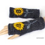 Mitaines en laine doubles polaire gris fleur jaune