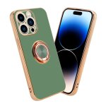 Coque pour apple iphone 14 pro en glossy vert clair - or avec anneau housse de protection tui en silicone ...