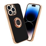 Coque pour apple iphone 14 pro en glossy noir - or avec anneau housse de protection tui en silicone ...