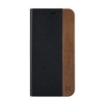 Coque clapet pour apple iphone xs max, saffiano noir & bois de noyer naturel - neuf