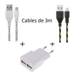 Pack chargeur pour smartphone android micro usb (2 cables tresse 3m chargeur + prise secteur double usb) ...