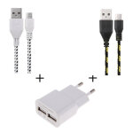 Pack chargeur pour smartphone micro usb (2 cables tresse 1m chargeur + prise secteur double usb) murale ...