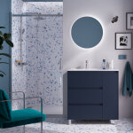 Meuble salle de bains et plan de vasque 85cm 3 tiroirs 1 porte  droite blue satin noja - salgar 106262 ...