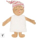 Poupée bouillotte Épeautre tissu Éponge & robe blanche bonnet rayé 28 Poupée bouillotte Épeautre tissu Éponge & robe blanche bonnet rayé 28