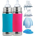 Set biberons inox 325 ml t�tines d�bit 3~18 + mois bleu - rose pura� ki