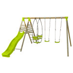 Portique bois 2m30 mantella avec 2 balançoires, toboggan et nacelle Portique bois 2m30 mantella avec 2 balançoires, toboggan et nacelle