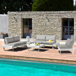 Salon bas aluminium modulable blanc et beige monaco et 1 fauteuil supplmentaire