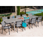 Salon de jardin: table ajaccio 2 3m et 10 fauteuils tunis gris