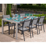 Salon de jardin: table ajaccio 2 3m et 6 fauteuils tunis gris